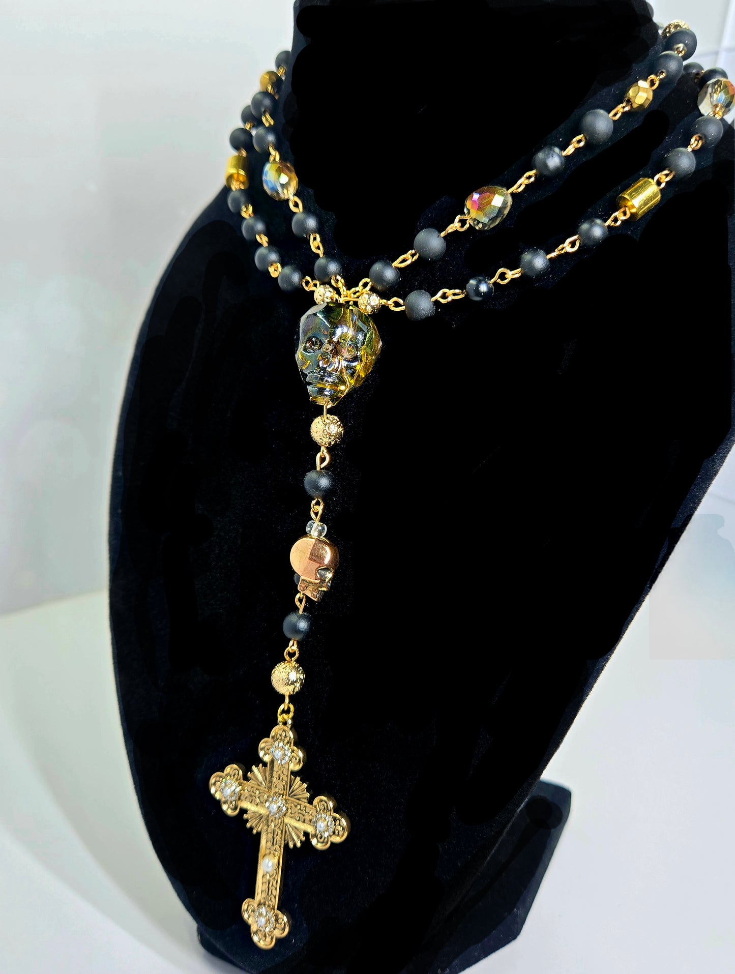 Momento Mori gold and black skull gothic rosary