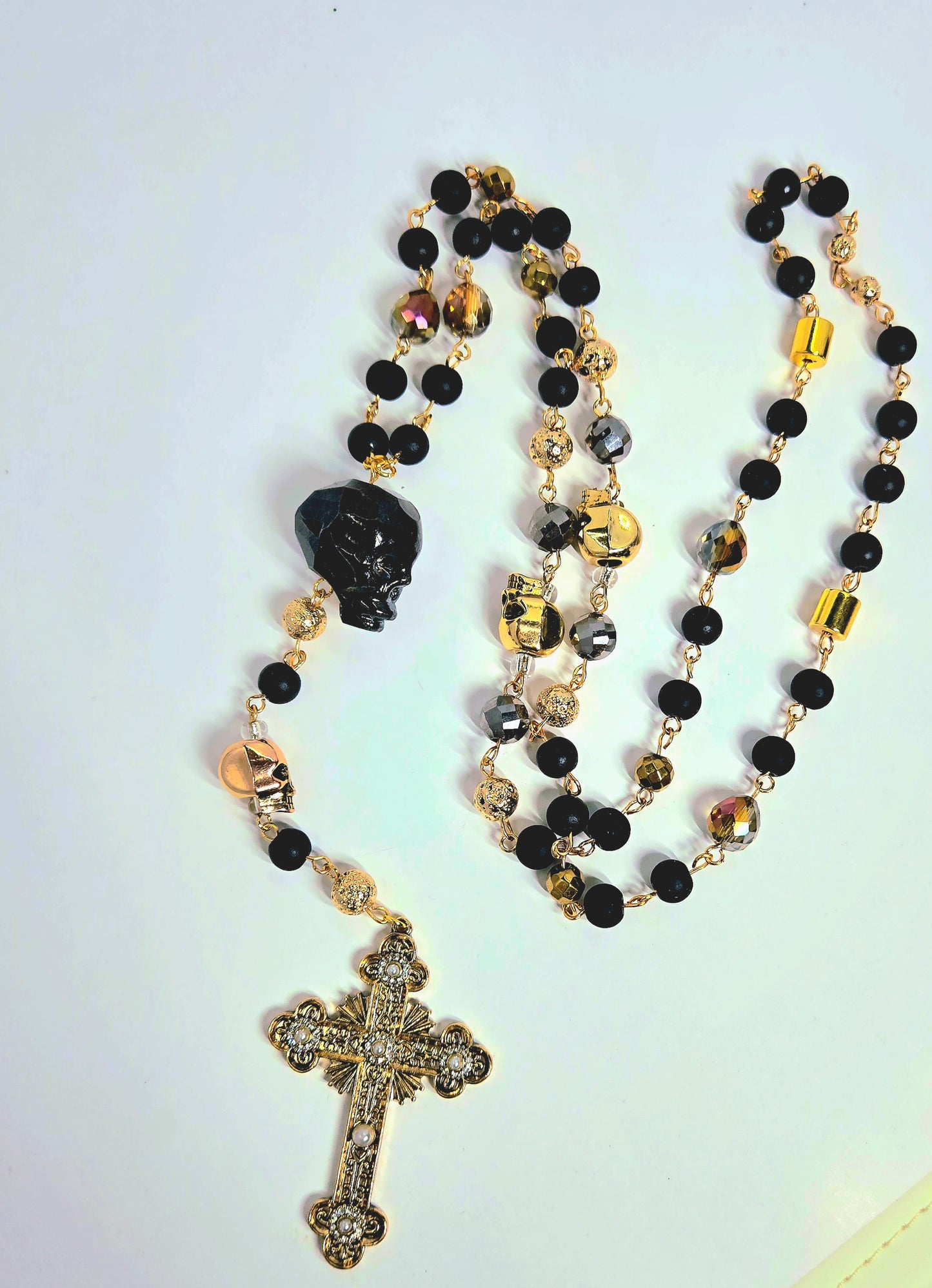 Momento Mori gold and black skull gothic rosary